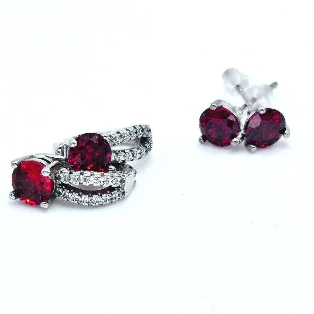Vintage Silver Tone Red Stone Earrings Set Stud & Huggie Style‎ Crystal Sparkle